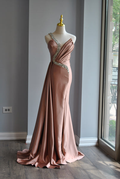 CLEARANCE - ROSE PINK EVENING GOWN WITH CRYSTALS Le Obsession Boutique CLEARANCE - ROSE PINK EVENING GOWN WITH CRYSTALS Le Obsession Boutique