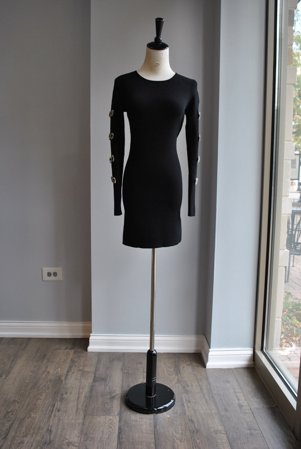 BLACK SWEATER DRESS WITH CRYSTAL BOWS