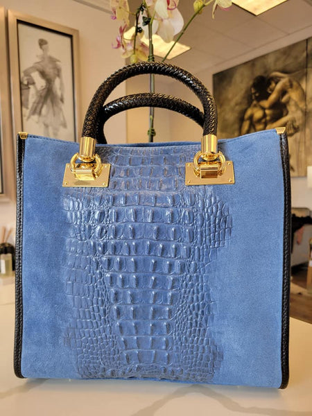 DENIM BLUE LEATHER HANDBAG – Le Obsession Boutique