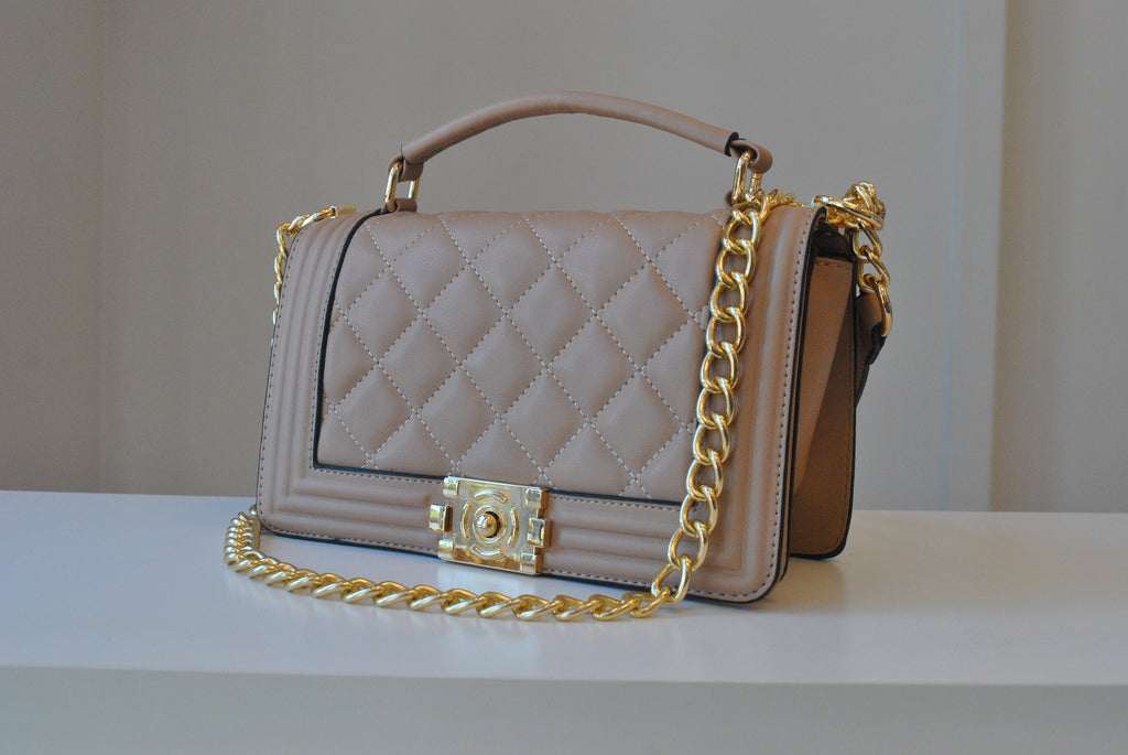 BEIGE QUILTED VEGAN LEATHER CROSSBODY BAG