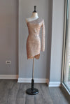 BEIGE MIDI SIMPLE DRESS WITH SIDE PIN AND RUSHING