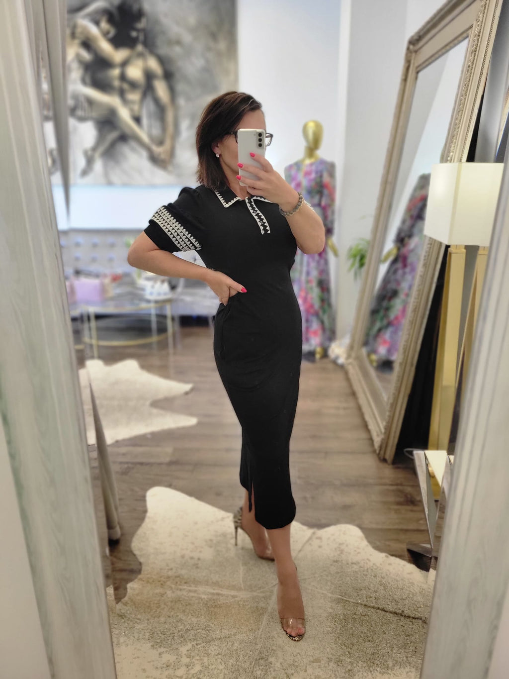BLACK MIDI DRESS WITH SIDE CUT OUT