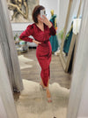 CLEARANCE - WINE VELVET MIDI DRESS WITH A  BELT