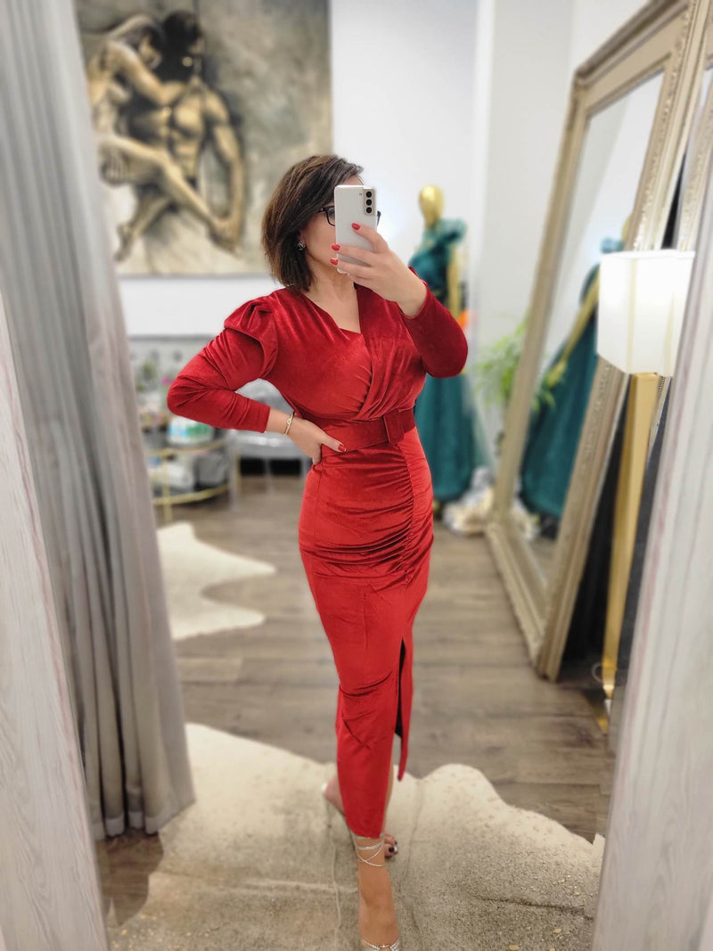 CLEARAMCE - RED VELVET MIDI PARTY DRESS WITH A BELT