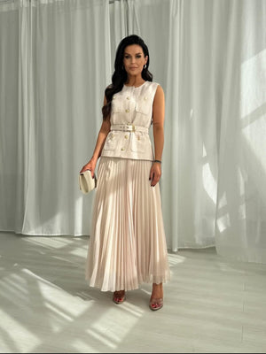 BEIGE SUMMER SET WITH PLEATED SKIRT AND A VEST