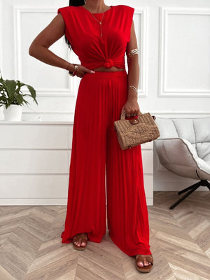 RED SUMMER SET WITH PLEATED PALAZZO PANTS