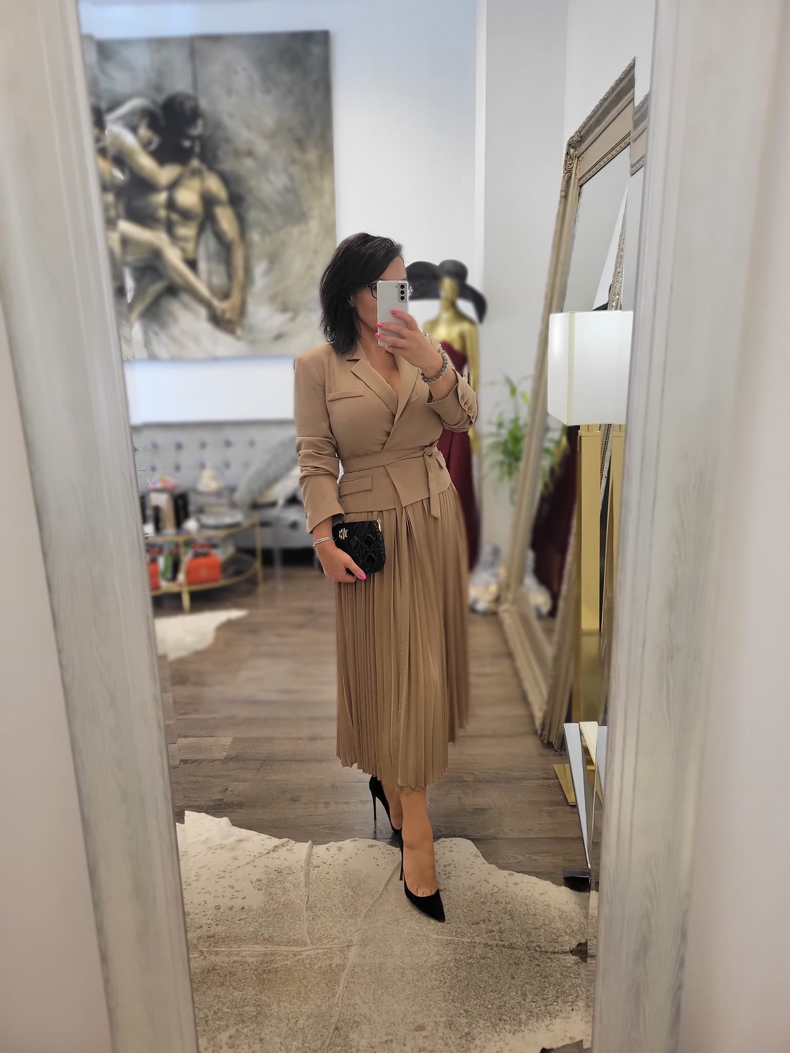 caramel midi dress CARAMEL MIDI PLEATED DRESS WITH JACKET TOP – Le Obsession Boutique