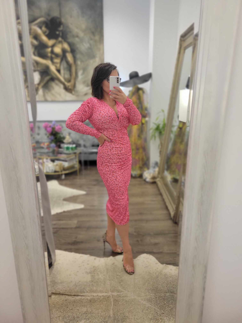 CANDY PINK AND RED ROSES PRINT MIDI STRETCHY DRESS