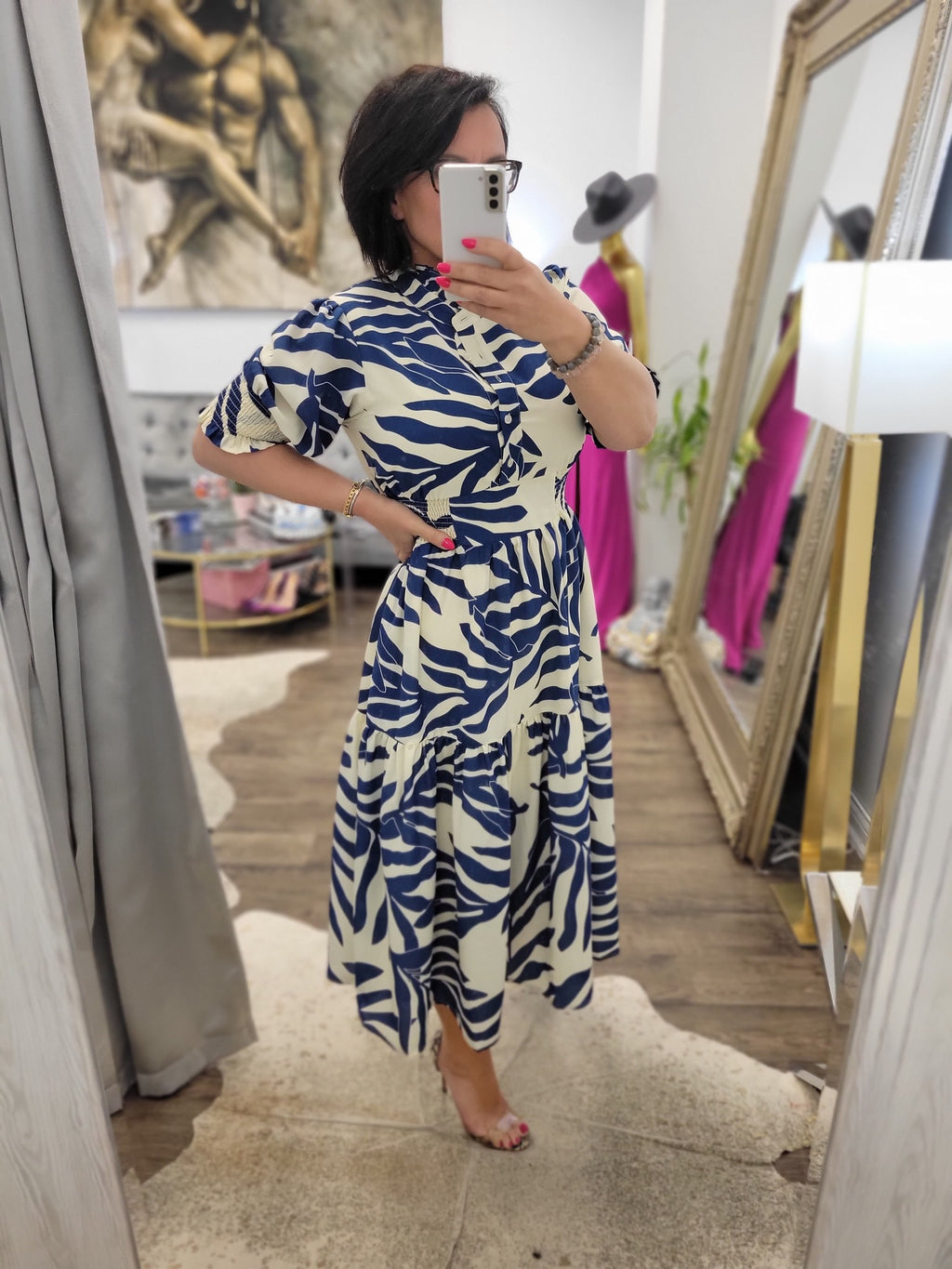WHITE AND NAVY MIDI DRESS WITH SIDE POCKETS