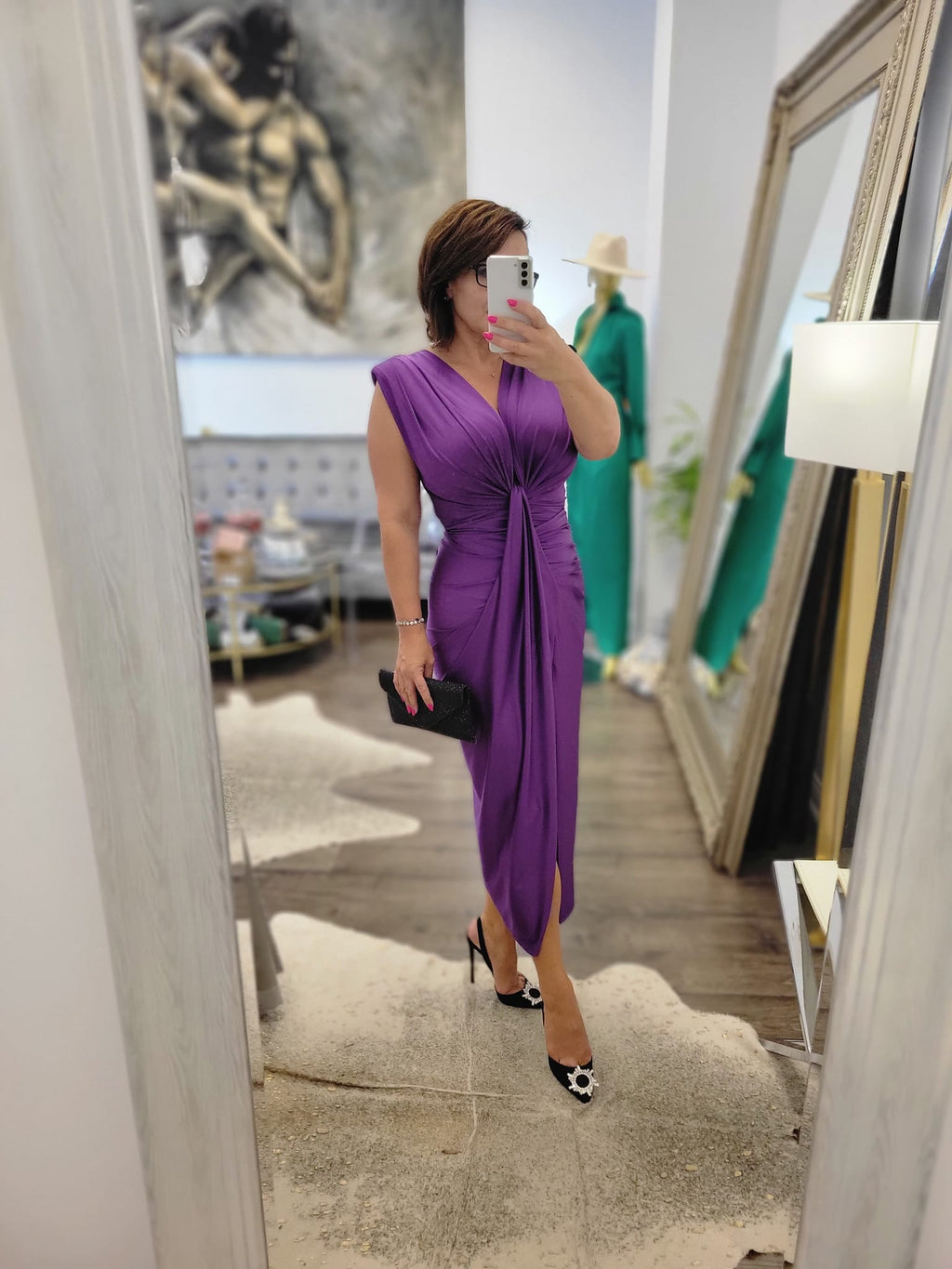 PRUPLE MIDI DRESS WITH FRONT RUSHING