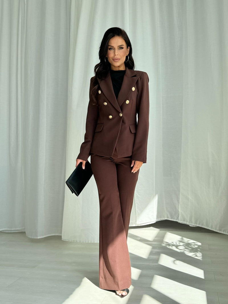 CHOCOLATE BROWN SUIT WITH FLAIR PANTS AND DOUBLE BREASTED BLAZER Le Obsession Boutique CHOCOLATE BROWN SUIT WITH FLAIR PANTS AND DOUBLE BREASTED BLAZER Le Obsession Boutique