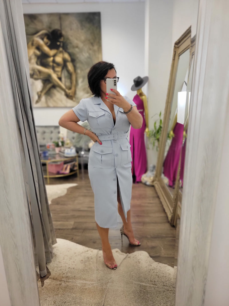 LIGHT BLUE SHIRT MIDI DRESS WITH A BELT