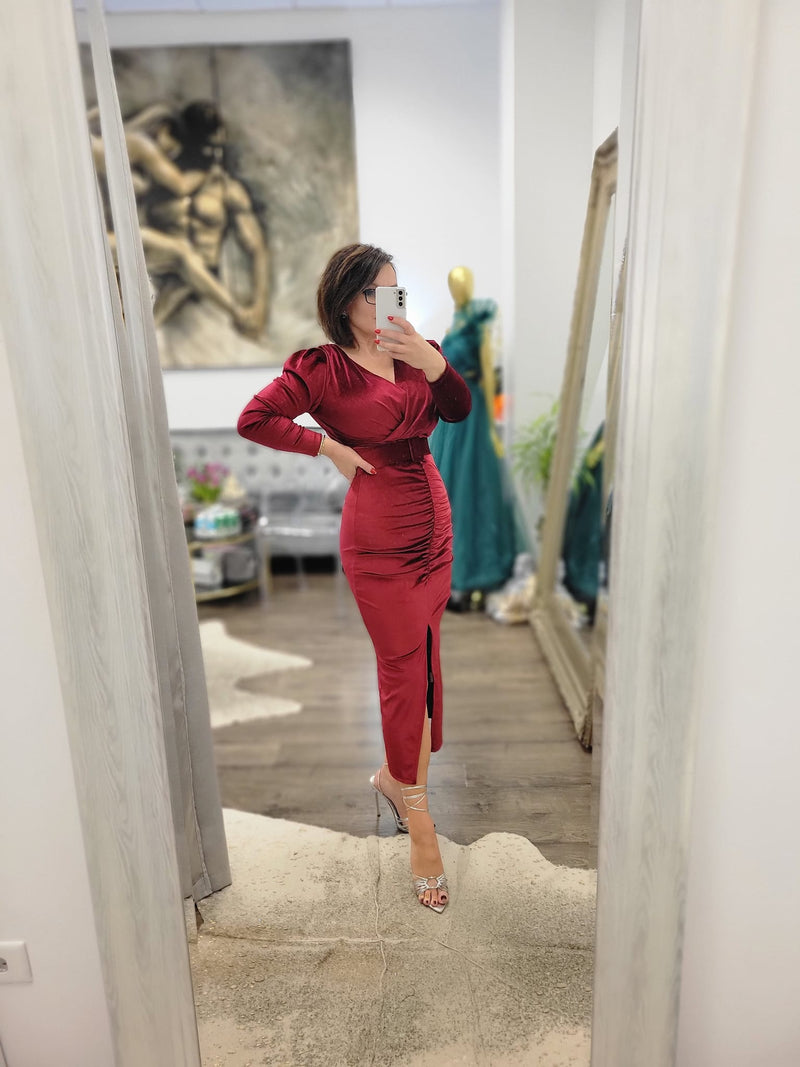 WINE VELVET MIDI DRESS WITH A  BELT