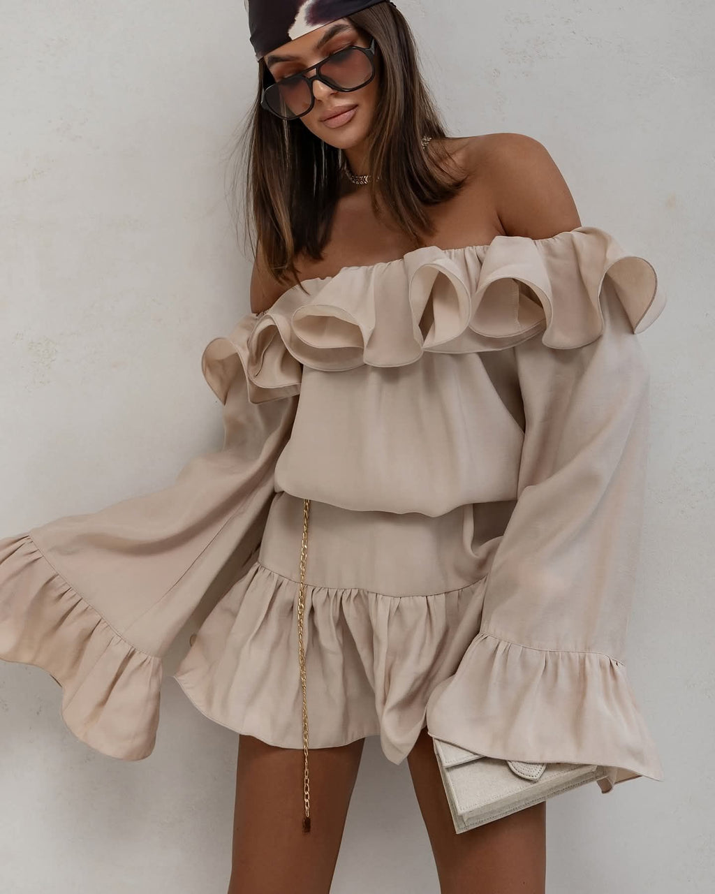 BEIGE TUNIC OFF THE SHOULDER SUMMER DRESS WITH RUFFLES
