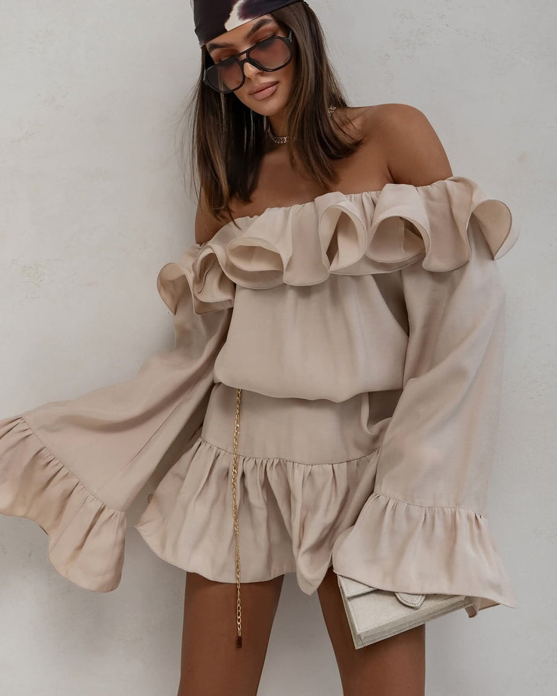 BEIGE TUNIC OFF THE SHOULDER SUMMER DRESS WITH RUFFLES