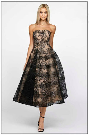 BLACK AND BEIGE SEQUIN MIDI FIT AND FLAIR COCKTAIL DRESS