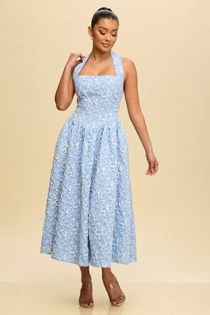 CLEARANCE - LIGHT BLUE FIT AND FLAIR HALTER MIDI DRESS WITH SIDE POCKETS