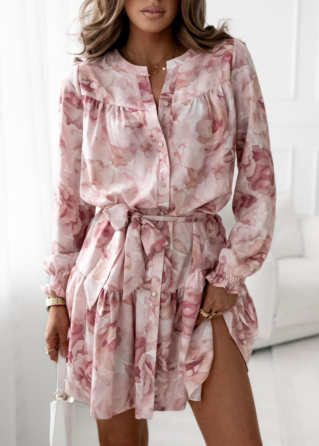 ROSE PINK MULTI SUMMER TUNIC DRESS WITH A BELT