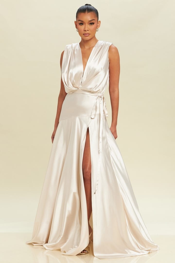 CHAMPAGNE SILKY LONG DRESS WITH SIDE SLIT