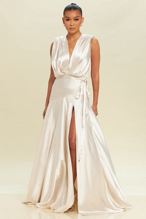 CHAMPAGNE SILKY LONG DRESS WITH SIDE SLIT