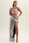 CLEARANCE - SILVER SEQUIN SET OF LONG ASYMMETRIC SKIRT AND A TOP