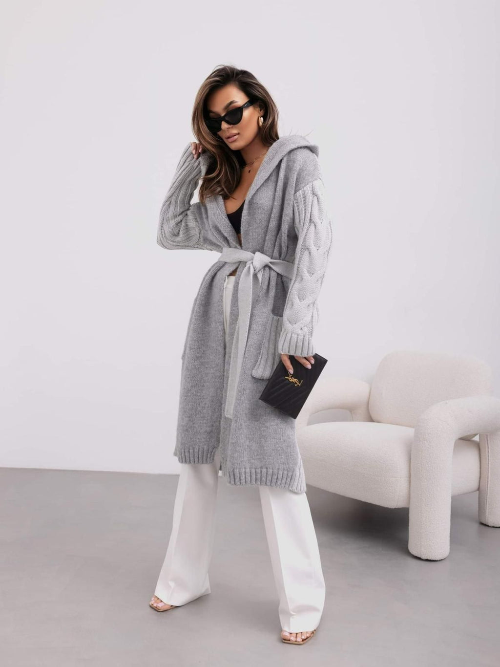 GREY LONG OPEN CARDIGAN WITH A BELT