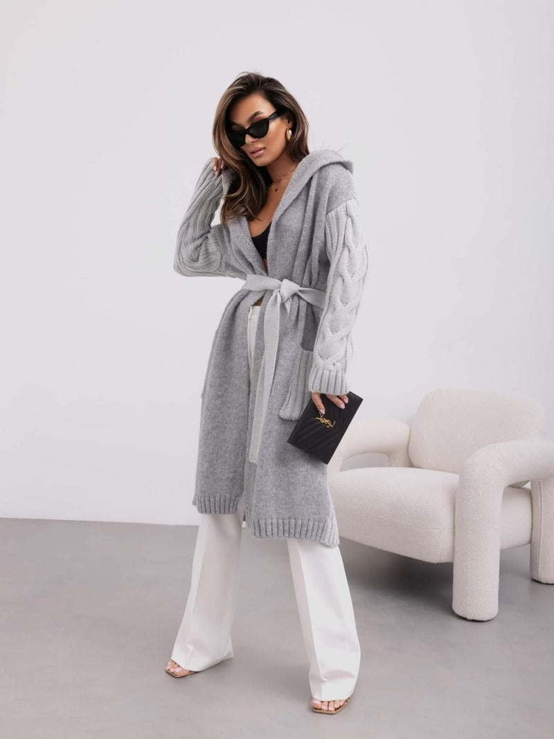 GREY LONG OPEN CARDIGAN WITH A BELT