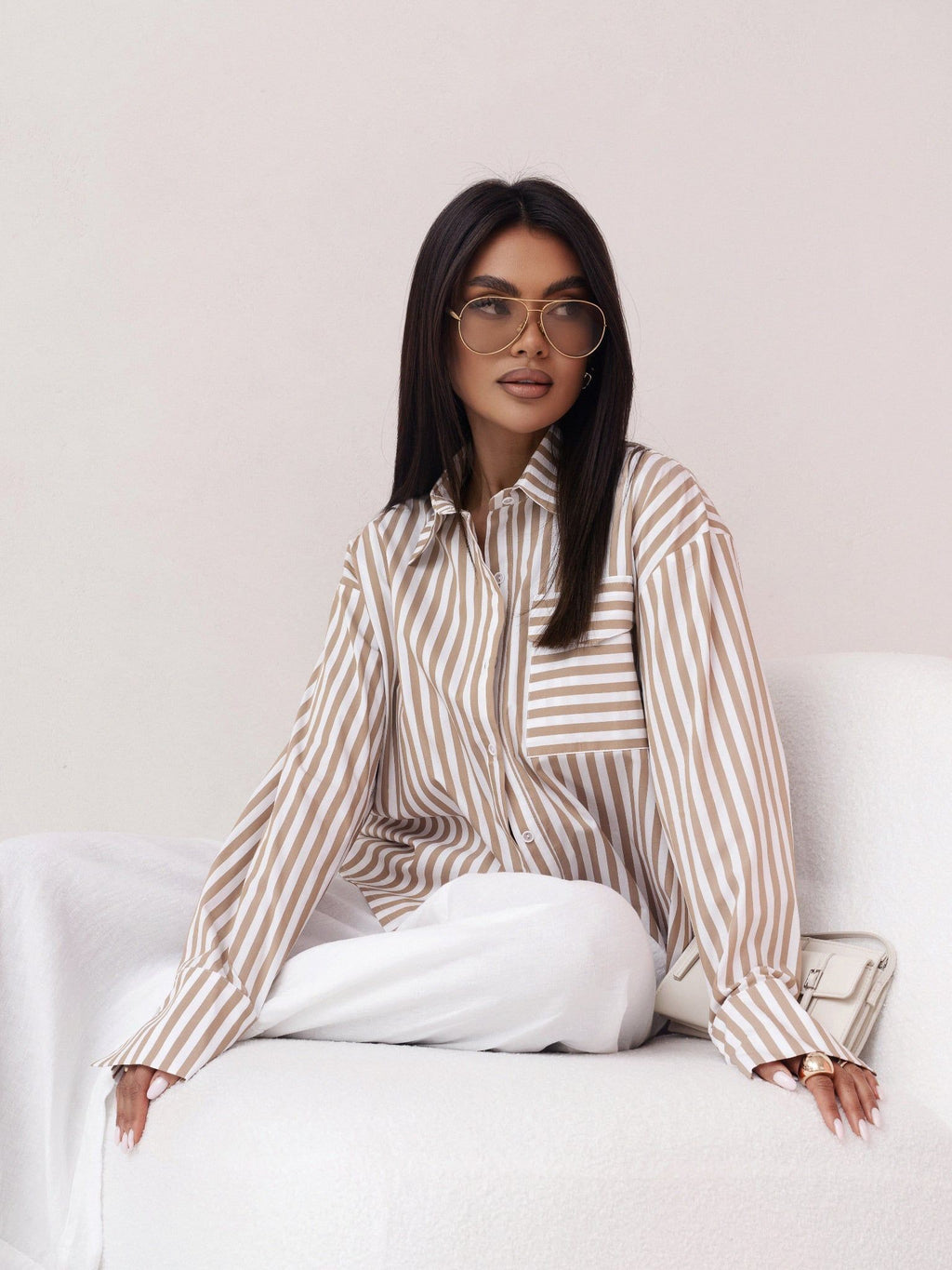 WHITE AND CARAMEL STRIPES COTTON SHIRT