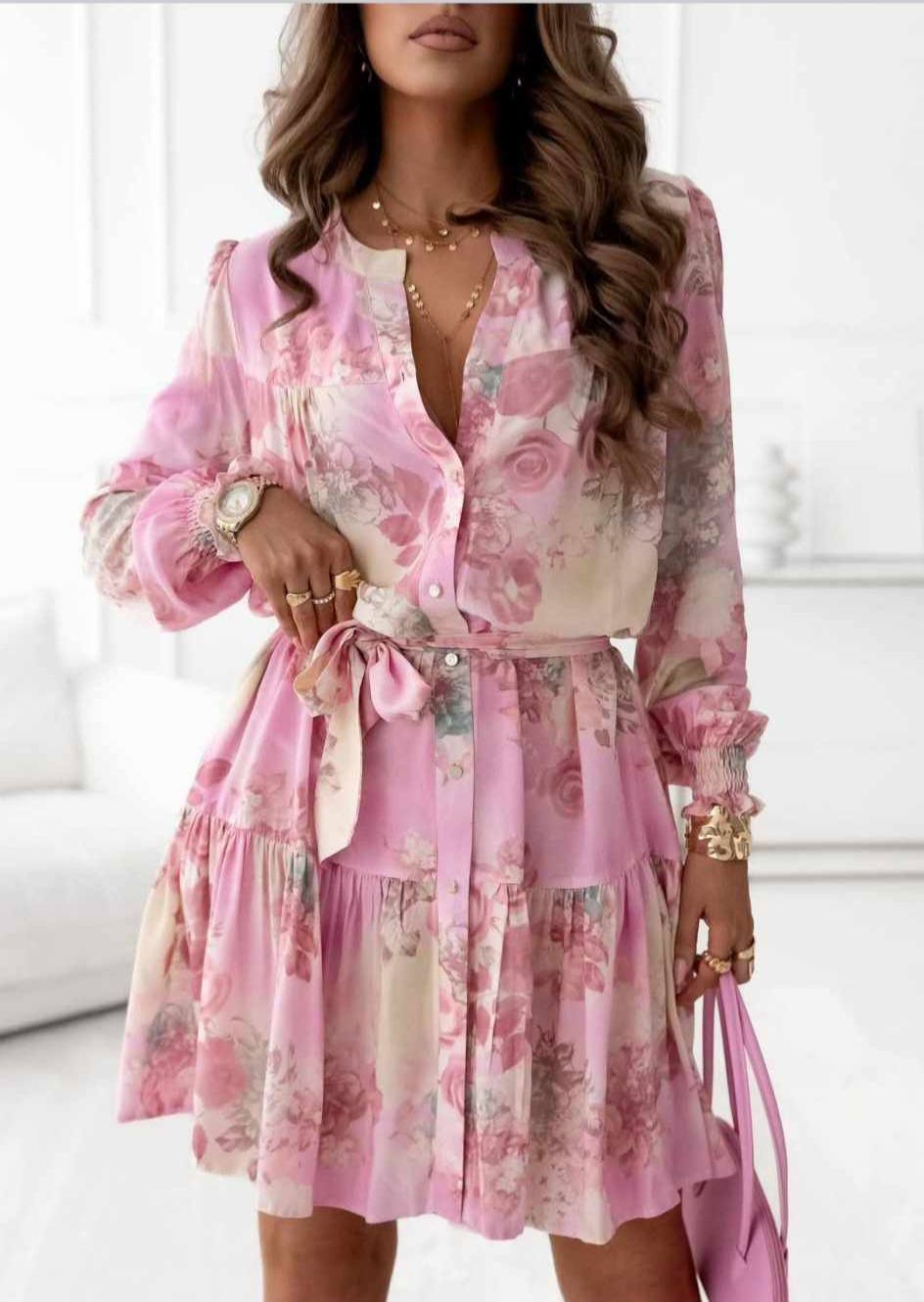 BLUSH PINK BEIGE MULTI SUMMER TUNIC DRESS WITH BELT