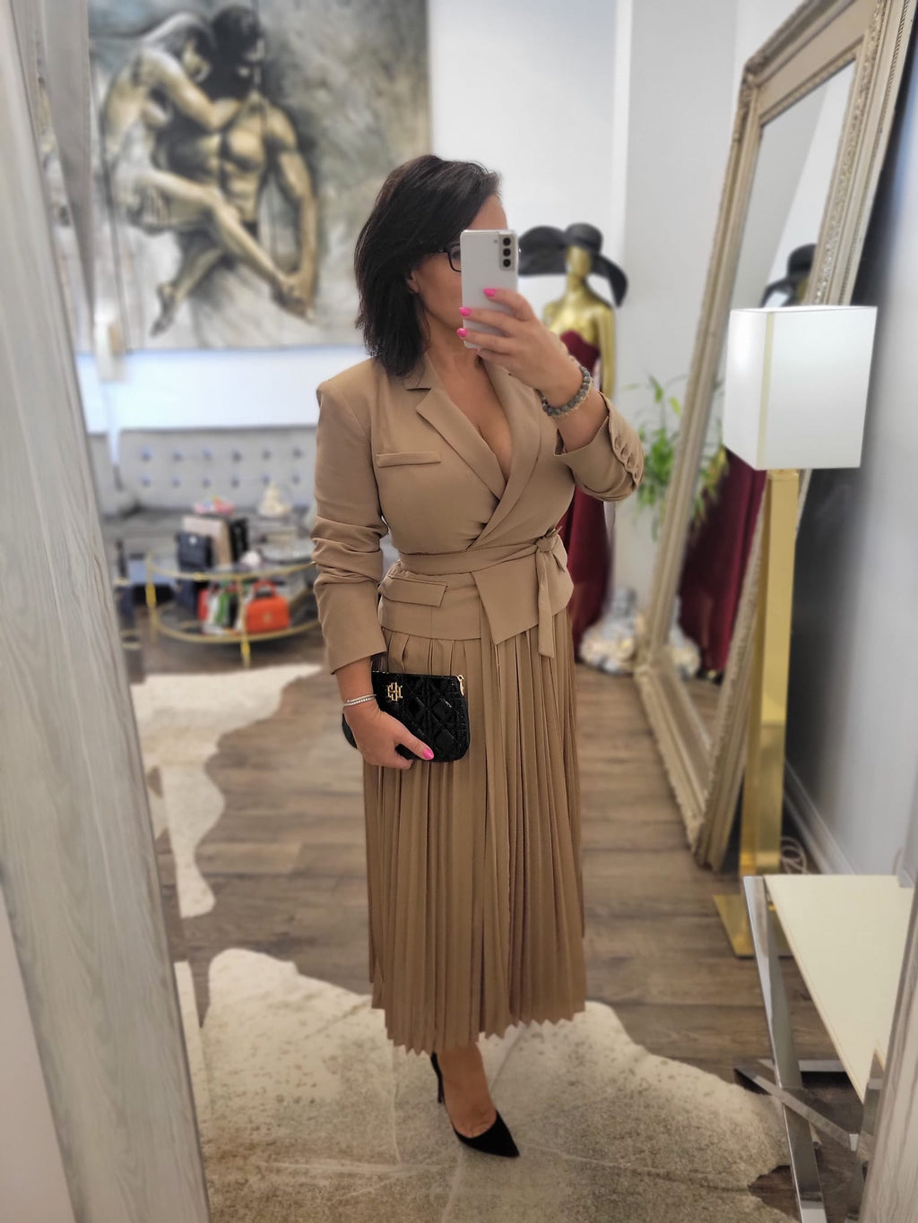 CARAMEL MIDI PLEATED DRESS WITH JACKET TOP