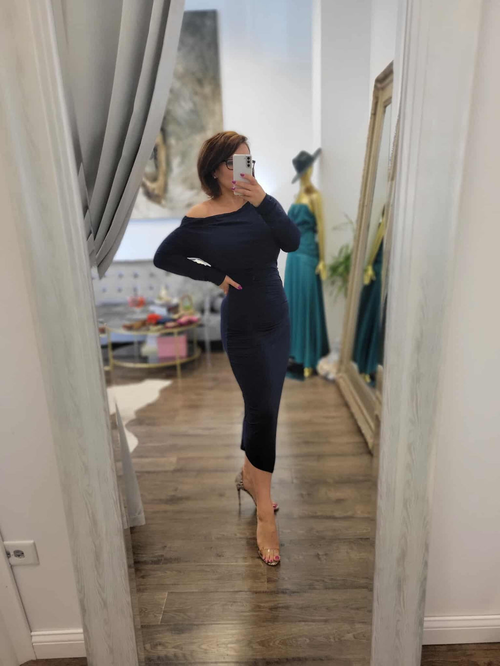 NAVY BLUE MIDI ASYMMETRIC DRESS