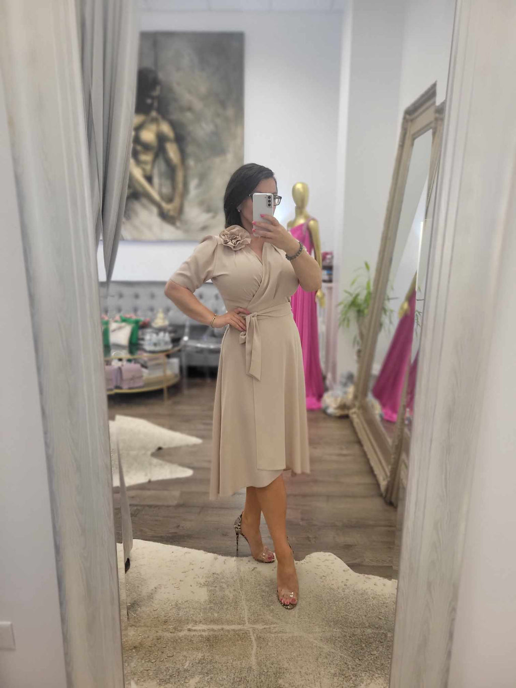 BEIGE WRAP MIDI SUMMER DRESS WITH A FLOWER PIN
