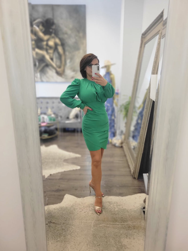GREEN SUMMER DRESS WITH RUSHING