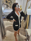BLACK AND WHITE BANDAGE DRESS WITH GOLD BUTTONS