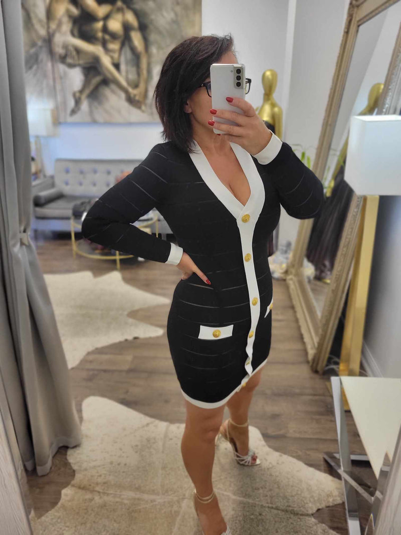 BLACK AND WHITE BANDAGE DRESS WITH GOLD BUTTONS