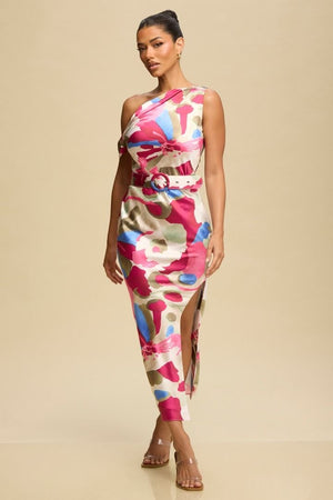 PINK MULTI MIDI SUMMER DRESS WITH A BELT