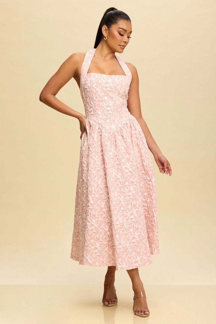 BLUSH PINK MIDI FIT AND FLAIR HALTER STYLE DRESS WITH SIDE POCKETS