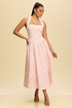 CLEARANCE - BLUSH PINK MIDI FIT AND FLAIR HALTER STYLE DRESS WITH SIDE POCKETS
