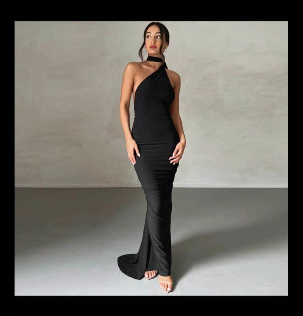 BLACK SIMPLE LONG STRETCHY DRESS WITH OPEN BACK