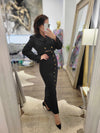 BLACK SET OF MIDI SKIRT AND CROPPED BLAZER WITH GOLD BUTTONS