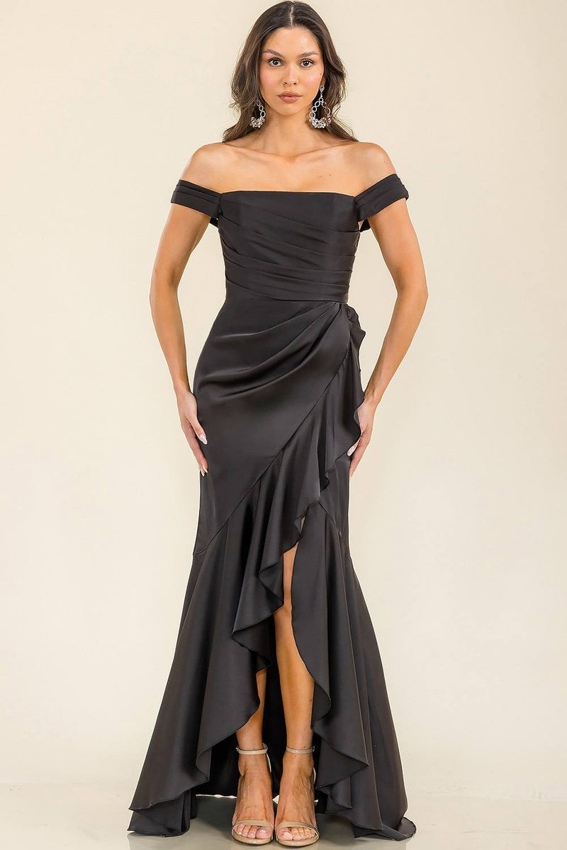 BLACK OFF THE SHOULDER SATIN HIGH AND LOW DRESS