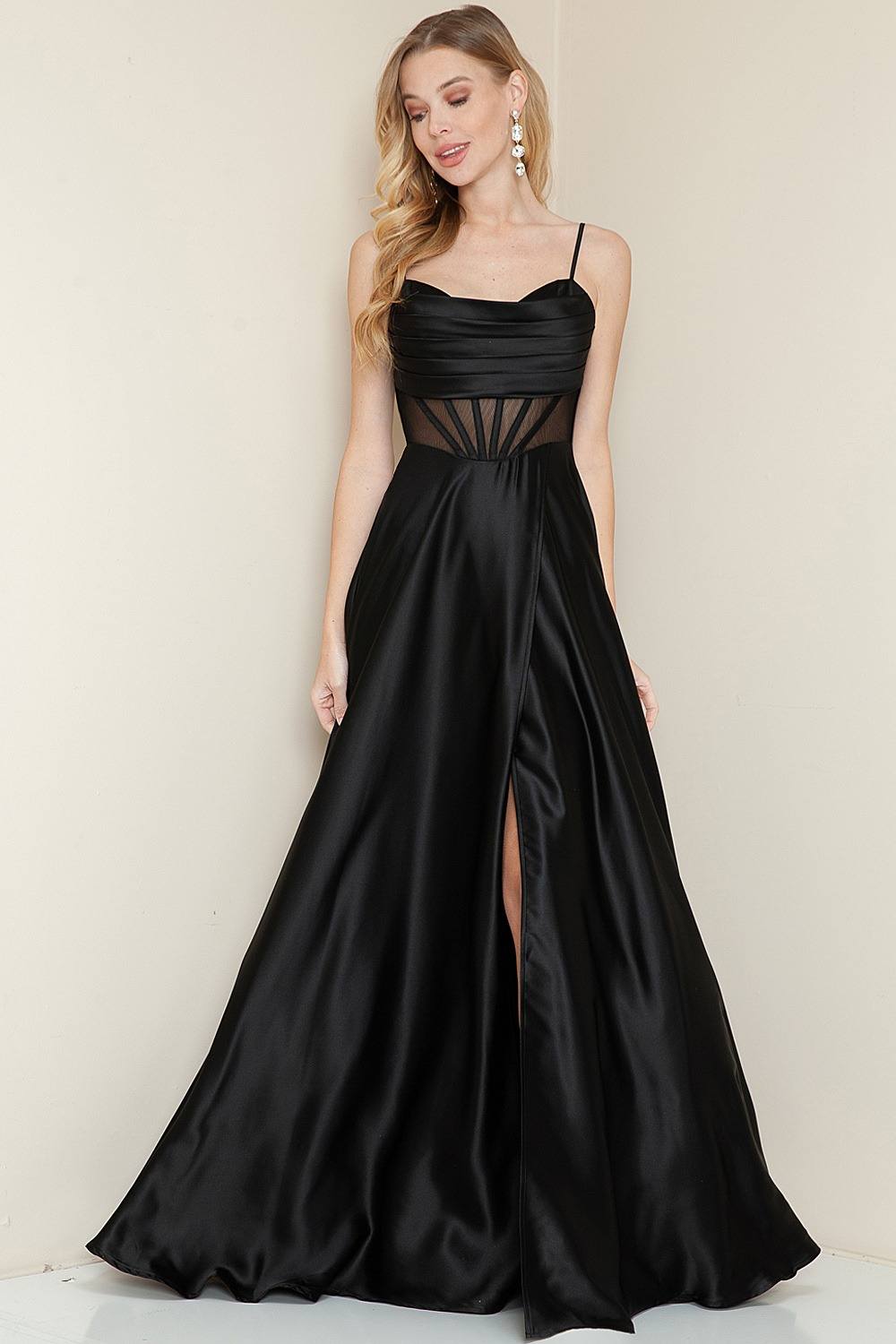 BLACK LONG EVENING FIT AND FLAIR DRESS WITH SIDE SLIT