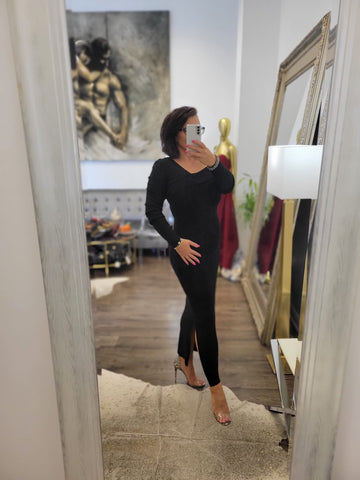 CLEARANCE - NAVY BLUE SILKY LONG DRESS WITH OPEN BACK AND SIDE SLIT
