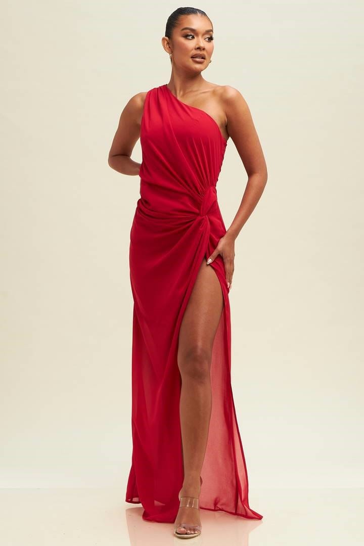 RED SHEER LONG EVENING DRESS WITH THE SIDE SLIT