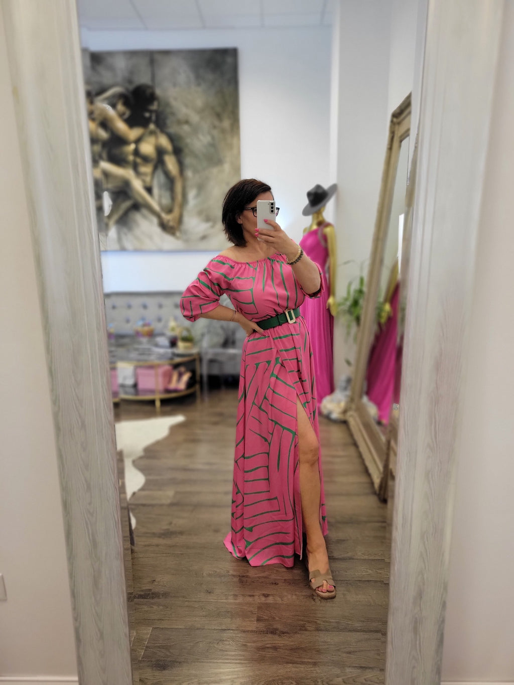 PINK AND GREEN SUMMER MAXI DRESS WITH BELT