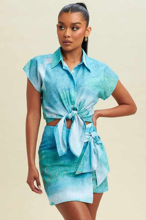 CLEARANCE - BLUE OMBRE SUMMER SET OF A TIE CROPPED TOP AND MINI SKIRT