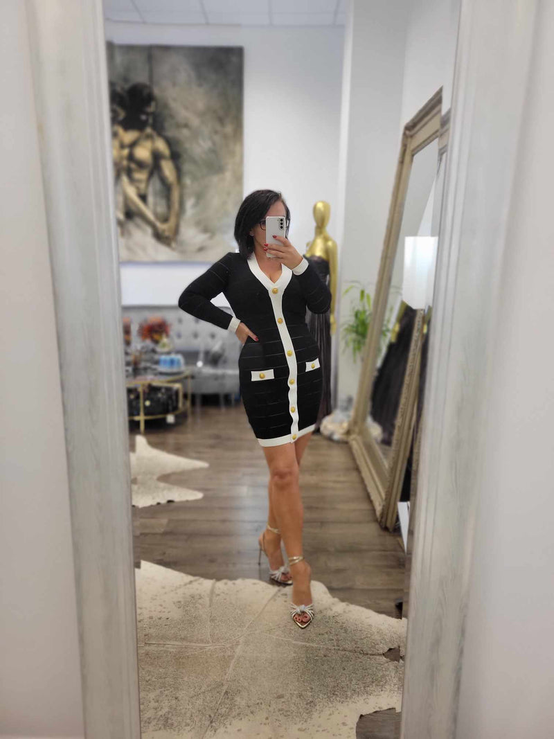 BLACK AND WHITE BANDAGE DRESS WITH GOLD BUTTONS