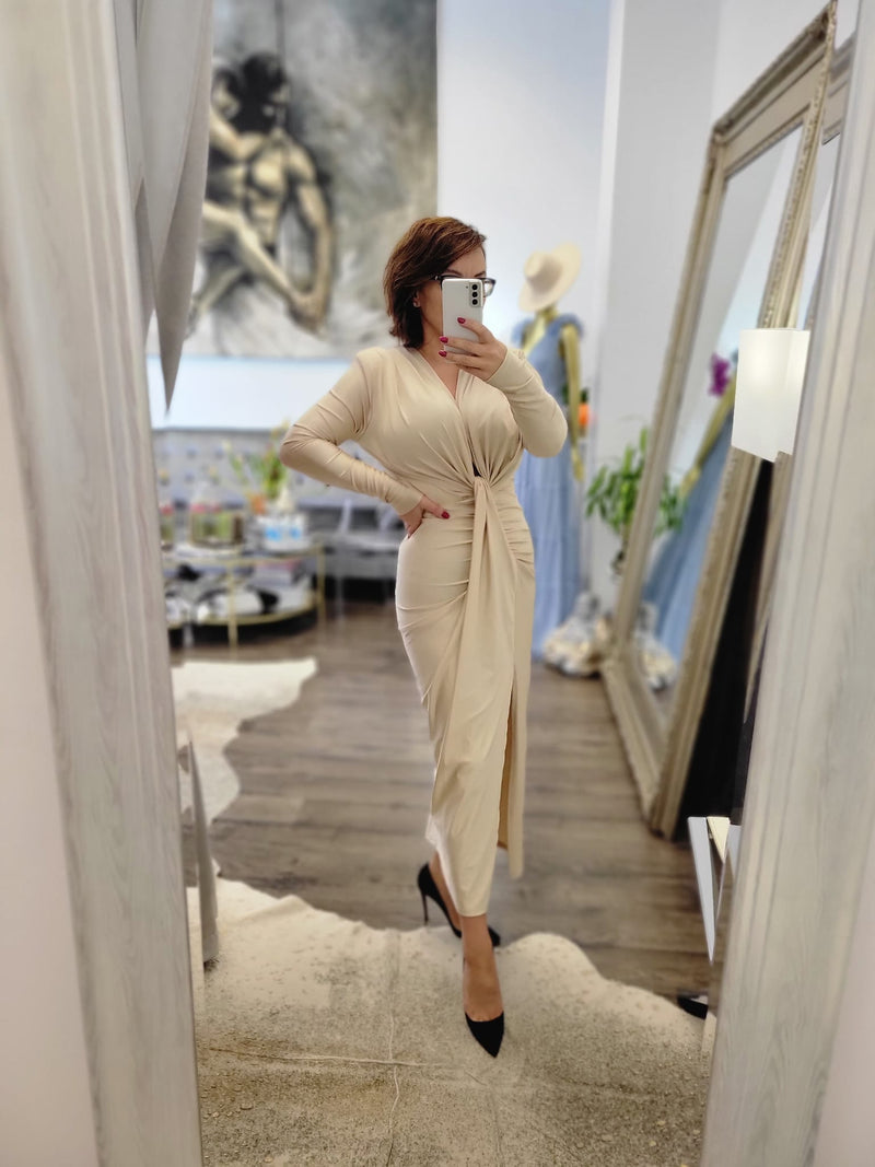 CHAMPAGNE MIDI FIT DRESS WITH FRONT RUSHING