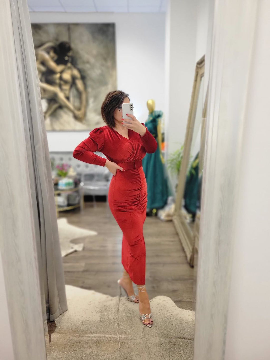 RED VELVET MIDI PARTY DRESS WITH A BELT