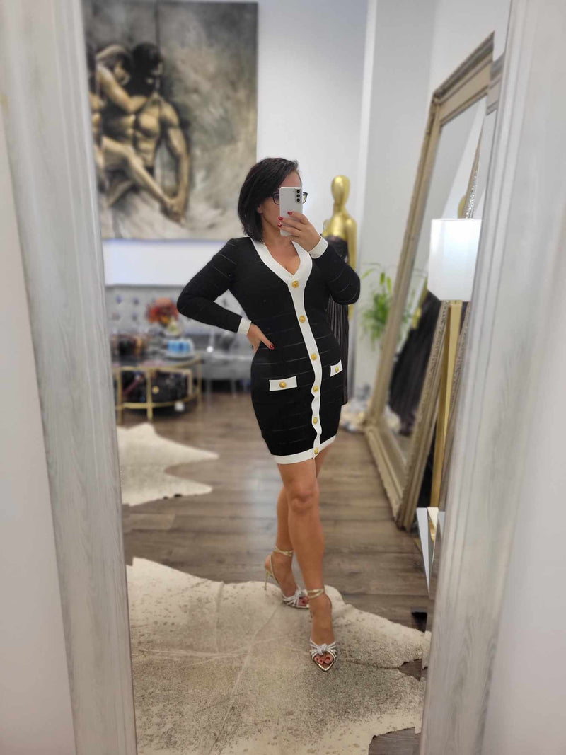 BLACK AND WHITE BANDAGE DRESS WITH GOLD BUTTONS